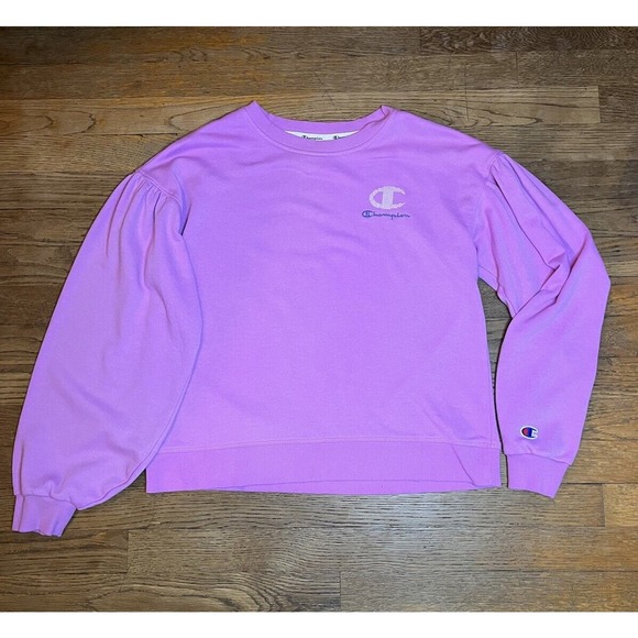 Champion Sweatshirt Women's Small Pink Pullover Crew Neck Puff Sleeve Athletic - Picture 11 of 12